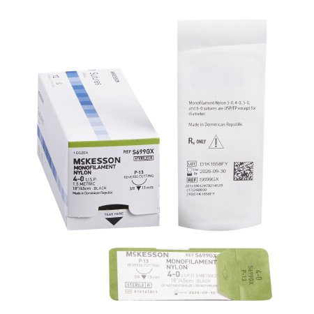 McKesson - Suture with Needle Nonabsorbable Uncoated Black Suture Monofilament Nylon Size 4 - 0 18 Inch Suture 1-Needle 13 mm Length 3/8 Circle Reverse Cutting Needle - S699GX