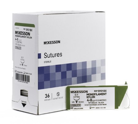 McKesson McKesson Suture with Needle Nonabsorbable Uncoated Black Suture Monofilament Nylon Size 4-0 18 Inch Suture 1-Needle 12 mm Length 3/8 Circle Reverse Cutting Needle - S931BX