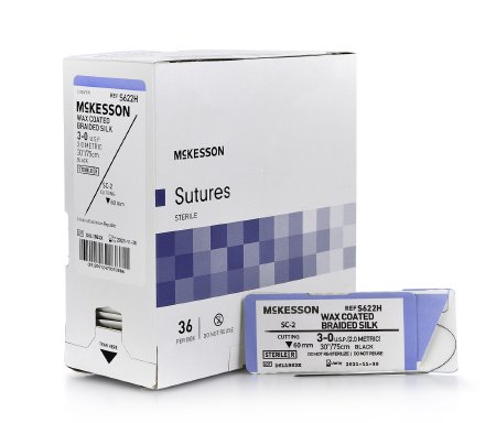 McKesson - Suture with Needle Nonabsorbable Uncoated Black Suture Braided Silk Size 3 - 0 30 Inch Suture 1-Needle 60 mm Length Straight Conventional Cutting Needle - S622H