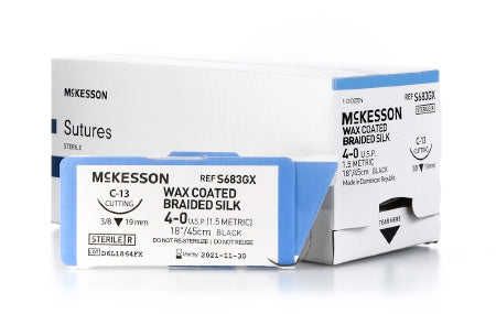 McKesson McKesson Suture with Needle Nonabsorbable Uncoated Black Suture Braided Silk Size 4-0 18 Inch Suture 1-Needle 19 mm Length 3/8 Circle Reverse Cutting Needle - S683GX