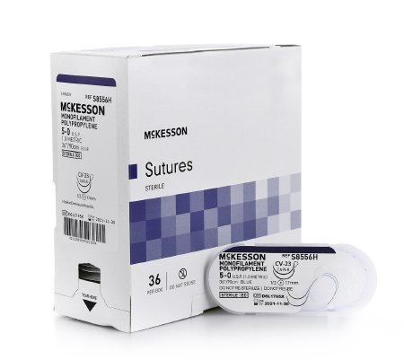 McKesson McKesson Suture with Needle Nonabsorbable Uncoated Monofilament Polypropylene Suture Size 5-0 36 Inch Suture 1-Needle 17 mm Length 1/2 Circle Taper Cut Needle - S8556H