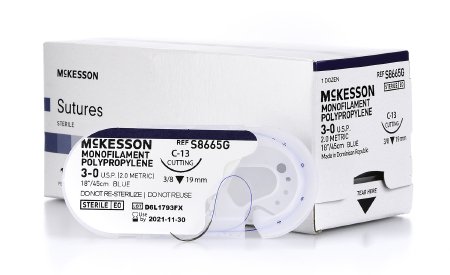 McKesson McKesson Suture with Needle Nonabsorbable Uncoated Monofilament Polypropylene Suture Size 3-0 18 Inch Suture 1-Needle 19 mm Length 3/8 Circle Reverse Cutting Needle - S8665G
