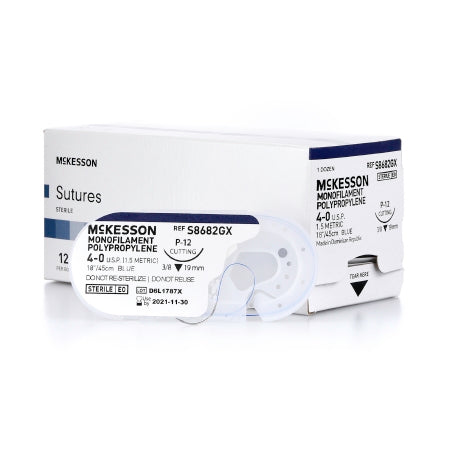 McKesson - Suture with Needle Nonabsorbable Uncoated Blue Suture Monofilament Polypropylene Suture Size 4 - 0 18 Inch Suture 1-Needle 19 mm Length 3/8 Circle Reverse Cutting Needle - S8682GX