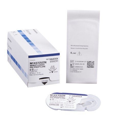 McKesson - Suture with Needle Nonabsorbable Uncoated Blue Suture Monofilament Polypropylene Suture Size 4 - 0 18 Inch Suture 1-Needle 19 mm Length 3/8 Circle Reverse Cutting Needle - S8683GX