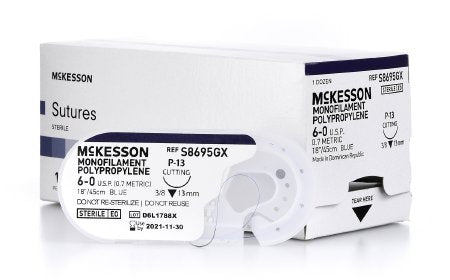 McKesson McKesson Suture with Needle Nonabsorbable Uncoated Blue Suture Monofilament Polypropylene Suture Size 6-0 18 Inch Suture 1-Needle 13 mm Length 3/8 Circle Reverse Cutting Needle - S8695GX