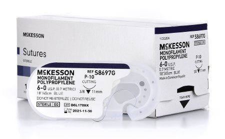 McKesson McKesson Suture with Needle Nonabsorbable Uncoated Monofilament Polypropylene Suture Size 6-0 18 Inch Suture 1-Needle 11 mm Length 3/8 Circle Reverse Cutting Needle - S8697G