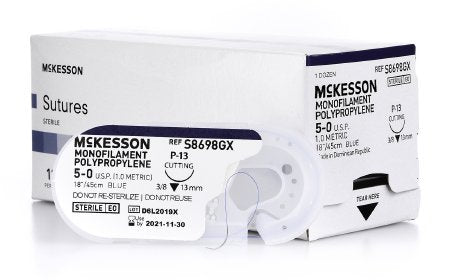 McKesson McKesson Suture with Needle Nonabsorbable Uncoated Blue Suture Monofilament Polypropylene Suture Size 5-0 18 Inch Suture 1-Needle 13 mm Length 3/8 Circle Reverse Cutting Needle - S8698GX