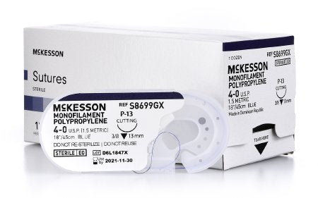 McKesson - Suture with Needle Nonabsorbable Uncoated Blue Suture Monofilament Polypropylene Suture Size 4 - 0 18 Inch Suture 1-Needle 13 mm Length 3/8 Circle Reverse Cutting Needle - S8699GX
