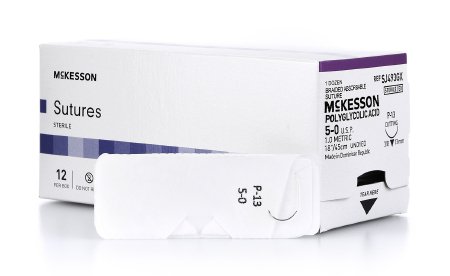 McKesson McKesson Suture with Needle Absorbable Uncoated Undyed Suture Braided Polyglycolic Acid Suture Size 5-0 18 Inch Suture 1-Needle 13 mm Length 3/8 Circle Reverse Cutting Needle - SJ493GX