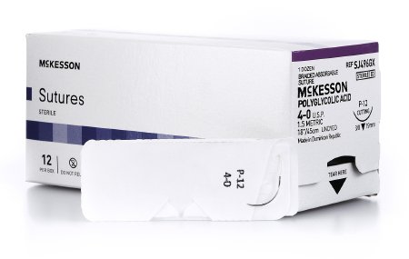 McKesson McKesson Suture with Needle Absorbable Uncoated Undyed Suture Braided Polyglycolic Acid Suture Size 4-0 18 Inch Suture 1-Needle 19 mm Length 3/8 Circle Reverse Cutting Needle - SJ496GX