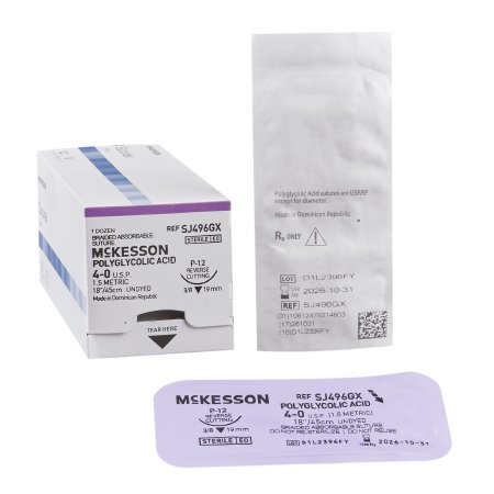 McKesson - Suture with Needle Absorbable Uncoated Undyed Suture Braided Polyglycolic Acid Suture Size 4 - 0 18 Inch Suture 1-Needle 19 mm Length 3/8 Circle Reverse Cutting Needle - SJ496GX