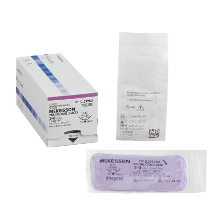 McKesson - Suture with Needle Absorbable Uncoated Undyed Suture Braided Polyglycolic Acid Suture Size 3 - 0 18 Inch Suture 1-Needle 19 mm Length 3/8 Circle Reverse Cutting Needle - SJ497GX
