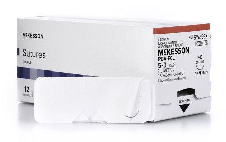 McKesson - Suture with Needle Absorbable Uncoated Undyed Suture Monofilament Polyglycolic Acid / PCL Size 5 - 0 18 Inch Suture 1-Needle 13 mm Length 3/8 Circle Reverse Cutting Needle - SY493GX
