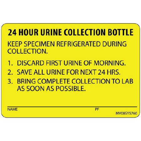 MedVision - Pre-Printed Label Laboratory Use Yellow Paper 24 Hr Urine Collection Bottle Black Lab / Specimen 2 X 2-15/16 Inch - MV08SY5760