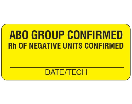 Shamrock Scientific Shamrock Pre-Printed Label Laboratory Use ABO GROUP CONFIRMED / Rh OF NEGATIVE UNITS CONFIRMED / _____ / DATE/TECH Yellow 1 X 2-1/4 Inch - UPCR-6106