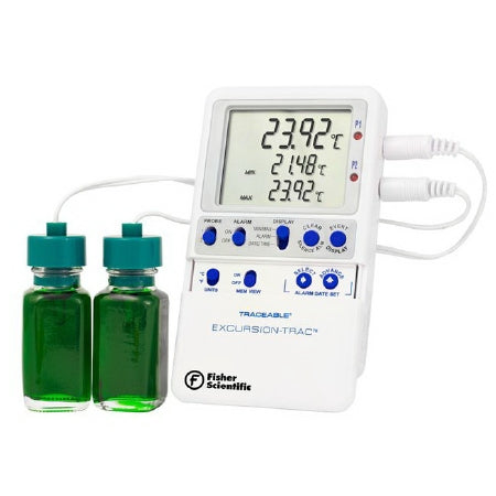 Fisher Scientific Fisherbrand Traceable Excursion-Trac Datalogging Thermometer Fahrenheit / Celsius -50° to 70°C 2 Bottle Probes Multiple Mounting Options AC Adaptor / Battery Backup - 15081124