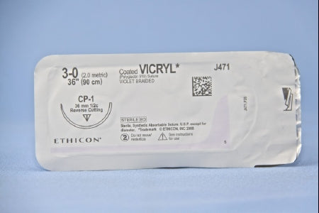 J & J Healthcare Systems Coated Vicryl Suture with Needle Absorbable Coated Violet Suture Braided Polyglactin 910 Size 3-0 36 Inch Suture 1-Needle 36 mm Length 1/2 Circle Reverse Cutting Needle - J471H