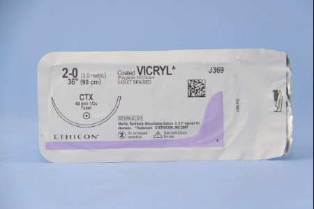 J & J Healthcare Systems Coated Vicryl Suture with Needle Absorbable Coated Violet Suture Braided Polyglactin 910 Size 2-0 36 Inch Suture 1-Needle 48 mm Length 1/2 Circle Taper Point Needle - J369H