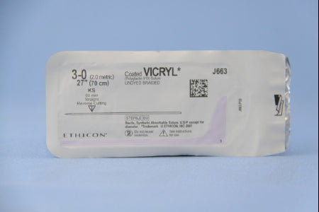 J & J Healthcare Systems Coated Vicryl Suture with Needle Absorbable Coated Undyed Suture Braided Polyglactin 910 Size 3-0 27 Inch Suture 1-Needle 60 mm Length Straight Conventional Cutting Needle - J663H