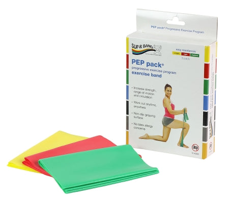 Sup-R Band PEP Pack - Exercise Resistance Band Set Yellow / Red / Green 5 Inch X 5 Foot Easy Resistance - 10-6380