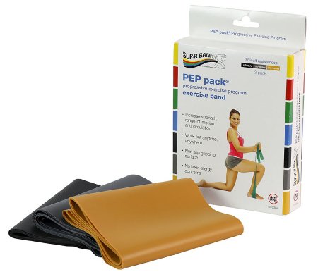 Sup-R Band PEP Pack - Exercise Resistance Band Set Black / Silver / Gold 5 Inch X 5 Foot X-Heavy to 3X-Heavy Resistance - 10-6384