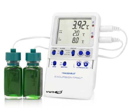 VWR International VWR Traceable Excursion-Trac Datalogging Refrigerator / Freezer Thermometer Fahrenheit / Celsius -58° to 158° F (-50° to 70° C) 2 Bottle Probes Multiple Mounting Options Battery Operated - 10048-682
