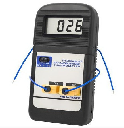 Traceable Expanded Range - Digital Thermometer Fahrenheit / Celsius -40° to +2000°F (-40° to +1200°C) Type K Beaded Probe Flip-out Stand / Handheld Battery Operated - 37803-94