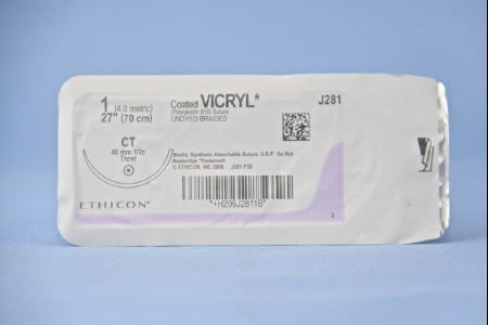 Coated Vicryl - Suture with Needle Absorbable Coated Undyed Suture Braided Polyglactin 910 Size 1 27 Inch Suture 1-Needle 40 mm Length 1/2 Circle Taper Point Needle - J281H