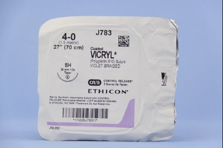 J & J Healthcare Systems Coated Vicryl Suture with Needle Absorbable Coated Violet Suture Braided Polyglactin 910 Size 4-0 27 Inch Suture 1-Needle 26 mm Length 1/2 Circle Taper Point Needle - J783G