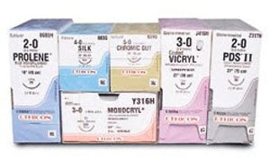 J & J Healthcare Systems Coated Vicryl Suture with Needle Absorbable Coated Violet Suture Braided Polyglactin 910 Size 5-0 8 Inch Suture Double-Armed 8 mm Length 1/4 Circle Spatula Needle - J579G