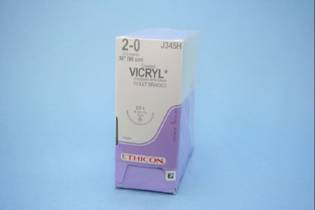 J & J Healthcare Systems Coated Vicryl Suture with Needle Absorbable Coated Violet Suture Braided Polyglactin 910 Size 2-0 36 Inch Suture 1-Needle 36 mm Length 1/2 Circle Taper Point Needle - J345H