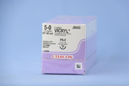 J & J Healthcare Systems Coated Vicryl Suture with Needle Absorbable Coated Undyed Suture Braided Polyglactin 910 Size 5-0 18 Inch Suture 1-Needle 13 mm Length 1/2 Circle Reverse Cutting Needle - J593G