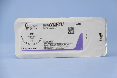 J & J Healthcare Systems Coated Vicryl Suture with Needle Absorbable Coated Violet Suture Braided Polyglactin 910 Size 0 36 Inch Suture 1-Needle 40 mm Length 1/2 Circle Taper Point Needle - J358H