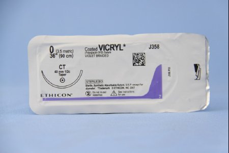 Coated Vicryl - Suture with Needle Absorbable Coated Violet Suture Braided Polyglactin 910 Size 0 36 Inch Suture 1-Needle 40 mm Length 1/2 Circle Taper Point Needle - J358H