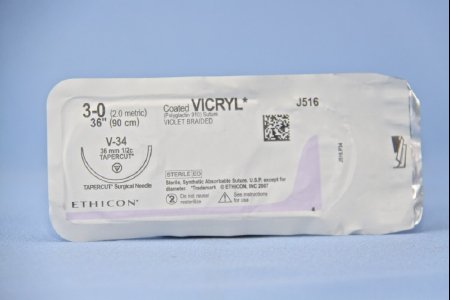 Coated Vicryl - Suture with Needle Absorbable Coated Violet Suture Braided Polyglactin 910 Size 3 - 0 36 Inch Suture 1-Needle 36.4 mm Length 1/2 Circle Taper Point Cutting Needle - J516H