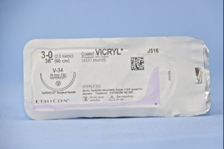 J & J Healthcare Systems Coated Vicryl Suture with Needle Absorbable Coated Violet Suture Braided Polyglactin 910 Size 3-0 36 Inch Suture 1-Needle 36.4 mm Length 1/2 Circle Taper Point Cutting Needle - J516H