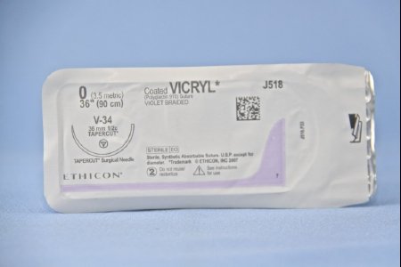 Coated Vicryl - Suture with Needle Absorbable Coated Violet Suture Braided Polyglactin 910 Size 0 36 Inch Suture 1-Needle 36.4 mm Length 1/2 Circle Taper Point Cutting Needle - J518H