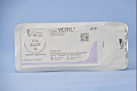J & J Healthcare Systems Coated Vicryl Suture with Needle Absorbable Coated Violet Suture Braided Polyglactin 910 Size 0 36 Inch Suture 1-Needle 36.4 mm Length 1/2 Circle Taper Point Cutting Needle - J518H