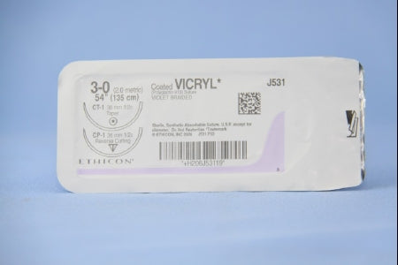 J & J Healthcare Systems Coated Vicryl Suture with Needle Absorbable Coated Violet Suture Braided Polyglactin 910 Size 3-0 54 Inch Suture Double-Armed 36 mm Length 1/2 Circle Taper Point Needle - J531H