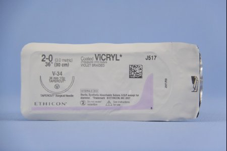 J & J Healthcare Systems Coated Vicryl Suture with Needle Absorbable Coated Violet Suture Braided Polyglactin 910 Size 2-0 36 Inch Suture 1-Needle 36.4 mm Length 1/2 Circle Taper Point Cutting Needle - J517H