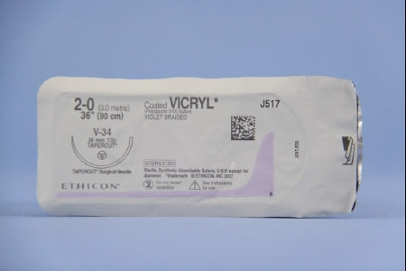 Coated Vicryl - Suture with Needle Absorbable Coated Violet Suture Braided Polyglactin 910 Size 2 - 0 36 Inch Suture 1-Needle 36.4 mm Length 1/2 Circle Taper Point Cutting Needle - J517H