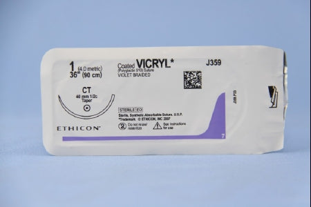 J & J Healthcare Systems Coated Vicryl Suture with Needle Absorbable Coated Violet Suture Braided Polyglactin 910 Size 1 36 Inch Suture 1-Needle 40 mm Length 1/2 Circle Taper Point Needle - J359H