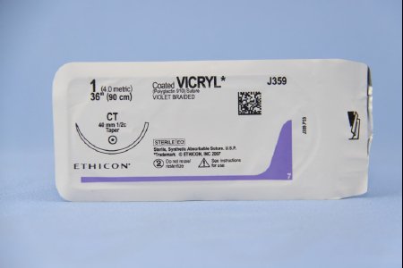 Coated Vicryl - Suture with Needle Absorbable Coated Violet Suture Braided Polyglactin 910 Size 1 36 Inch Suture 1-Needle 40 mm Length 1/2 Circle Taper Point Needle - J359H