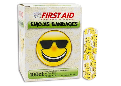 Dukal American White Cross First Aid Adhesive Strip 3/4 X 3 Inch Plastic Rectangle Kid Design (Emojis) Sterile - 15606