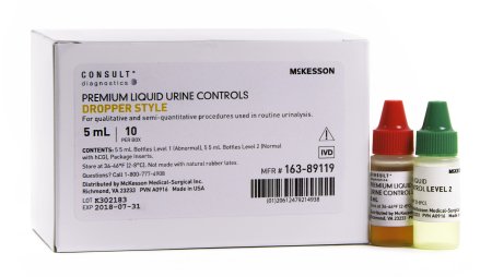 McKesson McKesson Consult Urine Chemistry Urinalysis Control Analyte Testing Positive / Negative Level 5 Level 1 (Abnormal) 5 mL Bottles, 5 Level 2 (Normal with hCG) 5 mL Bottles - 89119