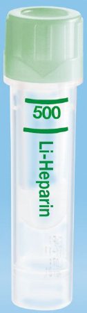 Microvette 500 - Capillary Blood Collection Tube Round Bottom, Skirted Lithium Heparin Additive 10.8 X 46.6 mm 500 µL Green Screw Cap Polypropylene Tube - 20.1345.100