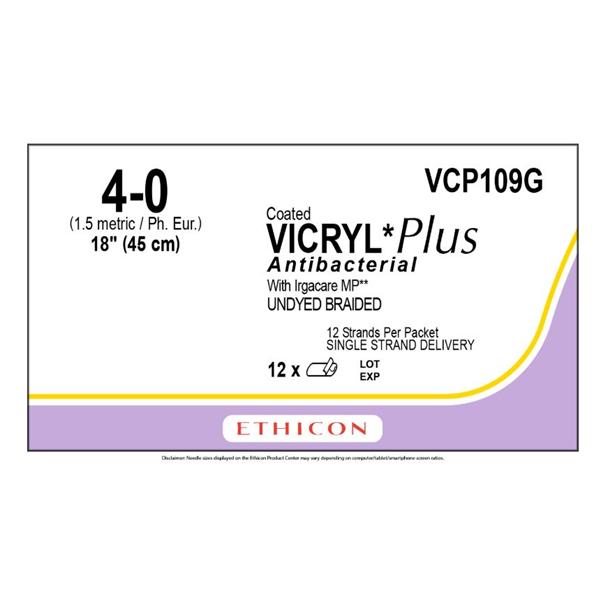 Ethicon Inc,a J & J Company Suture 4-0 Tcs/Pg910 No Needle Coated Vicryl Plus Undyed 18" Braid 12/Bx - VCP109G