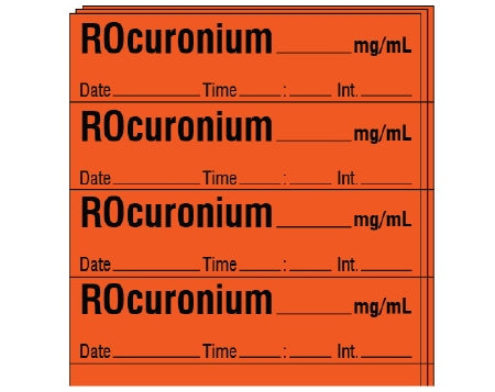 Shamrock - Drug Label Anesthesia Label Rocuronium_mg/mL Date_Time_Int_ Fluorescent Red 1/2 X 1 Inch - SA-2214-DTI-PK
