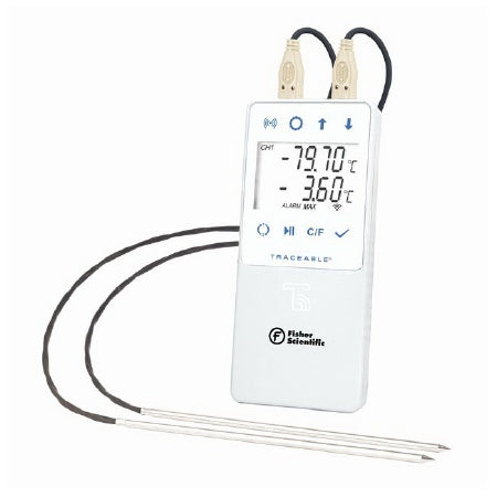 Fisher Scientific Fisherbrand TraceableLIVE Datalogging Refrigerator / Freezer Thermometer Fahrenheit / Celsius -130° to +221° F (-90° to +105° C) 2 Stainless Steel Probes Battery Operated - 15079627
