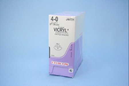 Coated Vicryl - Suture with Needle Absorbable Coated Undyed Suture Braided Polyglactin 910 Size 4 - 0 27 Inch Suture 1-Needle 24 mm Length 3/8 Circle Reverse Cutting Needle - J441H